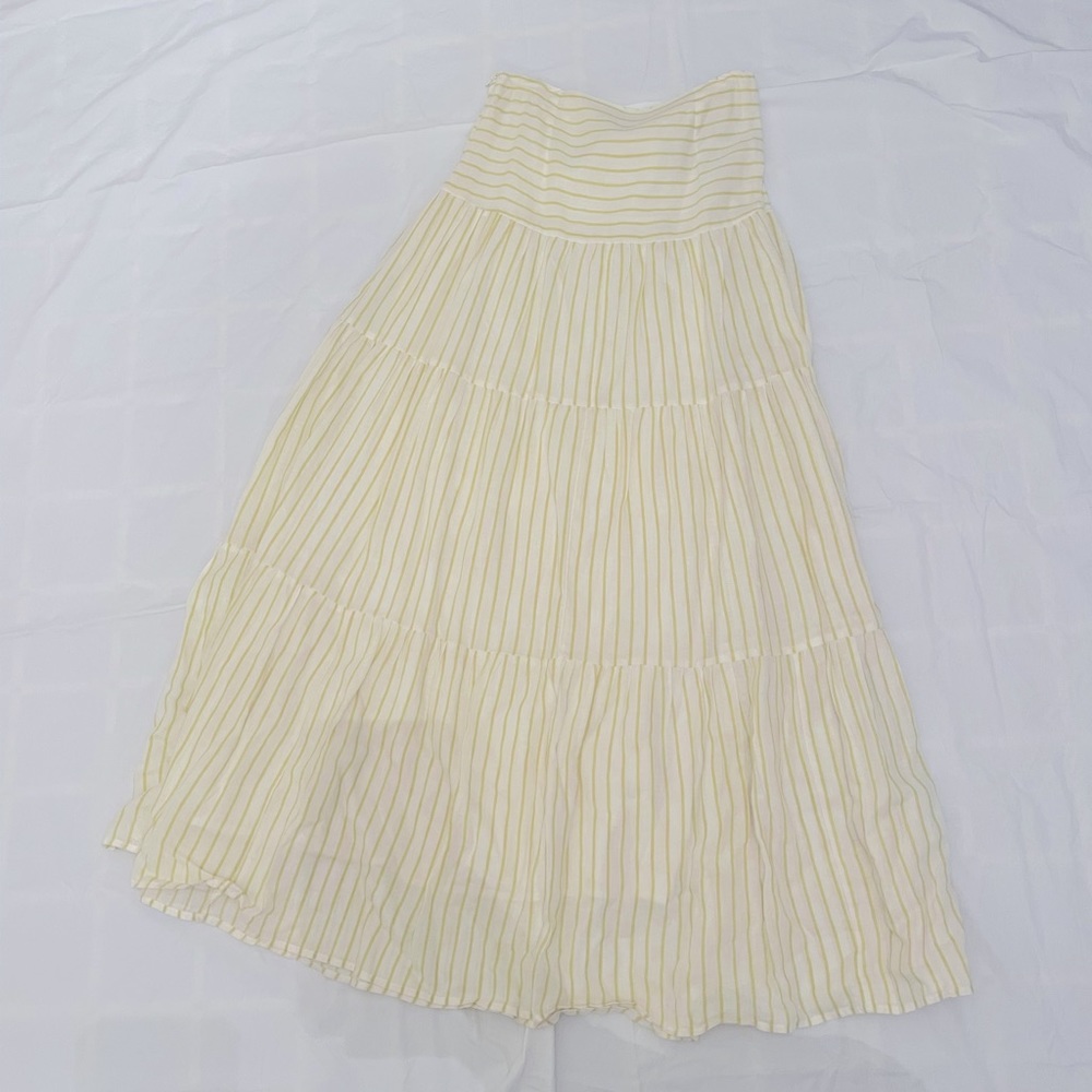 MANGO MAXI SKIRT. linen tiered skirt with green stripes